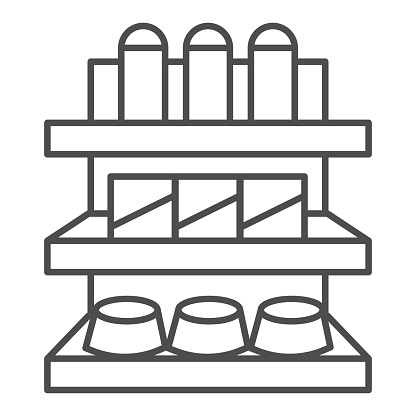 Store shelf with goods thin line icon, market concept, shop shelves with various products sign on white background, supermarket store shelf icon in outline style for mobile, web. Vector graphics