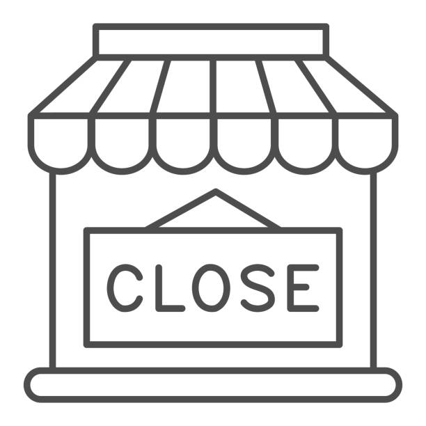 ilustrações de stock, clip art, desenhos animados e ícones de close shop thin line icon, market concept, store with closed sign on white background, shop doorway is closed icon in outline style for mobile concept and web design. vector graphics. - business closed