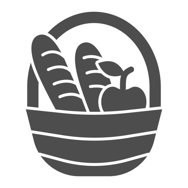 ilustrações de stock, clip art, desenhos animados e ícones de basket with loaves and apple solid icon, food concept, picnic basket full of delicious fruits and bread sign on white background, basket with products icon in glyph style. vector graphics. - pão ilustrações