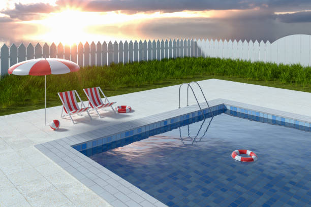 istock A swimming pool on a sunny day, 3d rendering. 1251442193