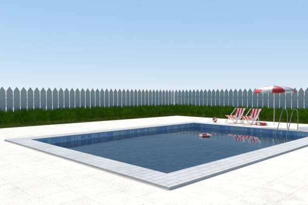 istock A swimming pool on a clear day, 3d rendering. 1251442228