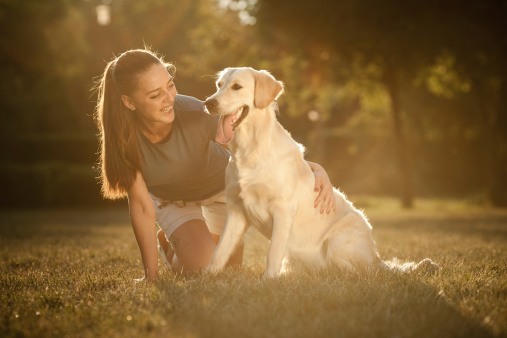 Teenage girl with her dog in the park - shot at sunset with lens flares on purpose - 5DII + 135mm/f2 + reflector