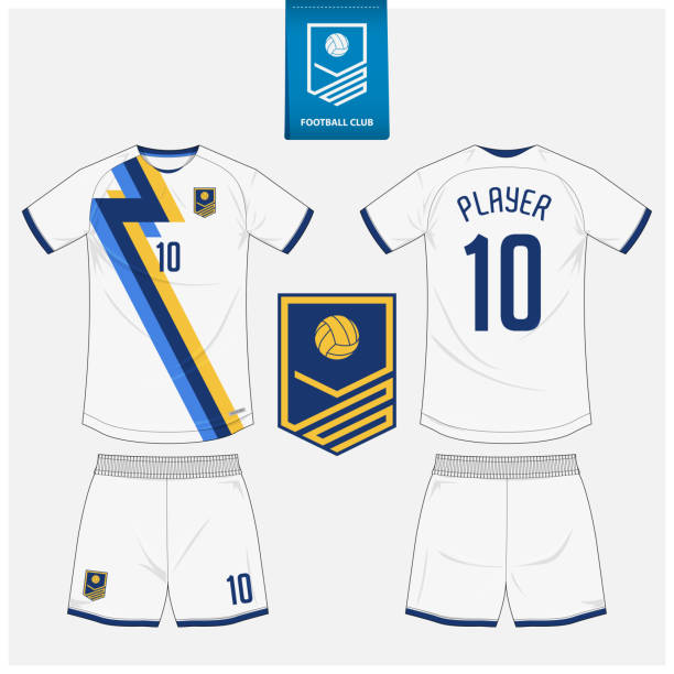 biała koszulka piłkarska lub zestaw do gry w piłkę nożną projekt szablonu makiety dla klubu sportowego. - ball sports uniform sport blue stock illustrations