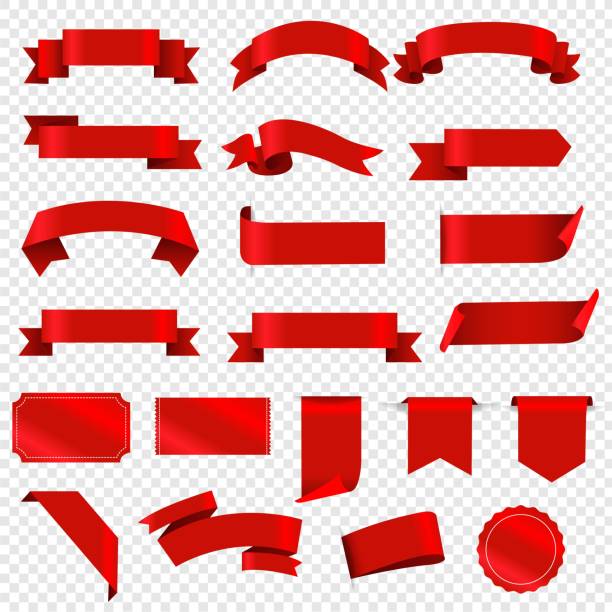 kırmızı etiketler ve şerit seti şeffaf arka plan - red ribbon stock illustrations