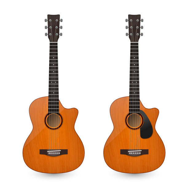 istock Vector 3d Realistic Classic Old Retro Acoustic Brown Wooden Guitar Icon Set Closeup Isolated on White Background. Design Templte, Mockup, Clipart. Musical Art Concept 1251449670