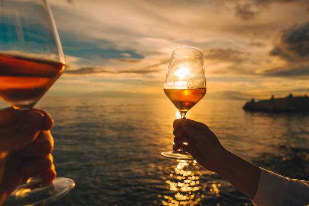 istock couple resting on sunset at sea beach and drinking wine 1251450639