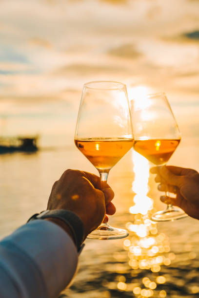istock couple resting on sunset at sea beach and drinking wine 1251450915