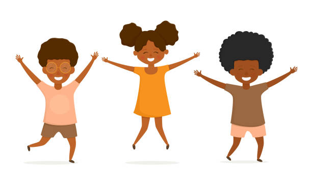 幸せなアフリカ系アメリカ人の子供たちがジャンプし、楽しみを持っています。 - child jumping white background small点のイラスト素材／クリップアート素材／マンガ素材／アイコン素材