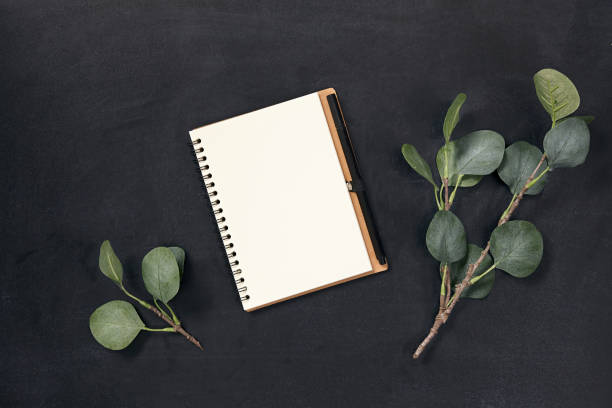istock Notebook on a black background with branch green leaves, top view. Flat lay. 1251451814