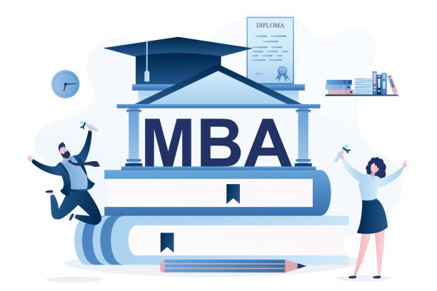 ilustraciones, imágenes clip art, dibujos animados e iconos de stock de estudiantes felices que poseen el diploma de mba. mejora de habilidades, concepto de educación online. - master of business administration