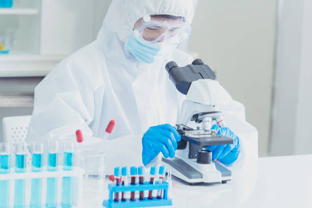 科学者 covid-19 ウイルス抗体研究ラボ実験バイオテクノロジー は、ウイルスに対するワクチンを育成します。科学者は顕微鏡実験ラボ科学試験管化学研究室を見る - test tube laboratory biotechnology dna ストックフォトと画像