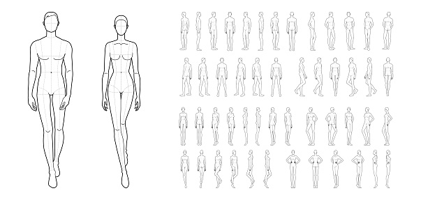 Fashion template of 50 men and women. 9 head size for technical drawing. Gentlemen and lady figure front, side, 3-4 and back view. Vector outline boy and girl for fashion sketching and illustration.