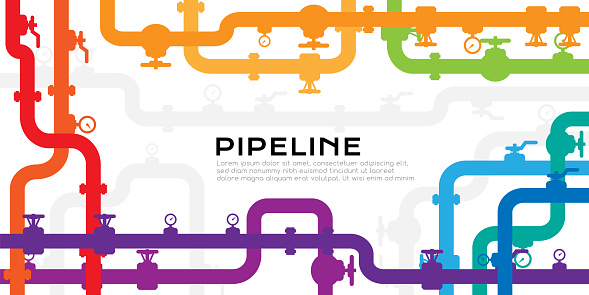Pipelines colorful textured background with copy space. Industrial vector banner with pipes and equipment.