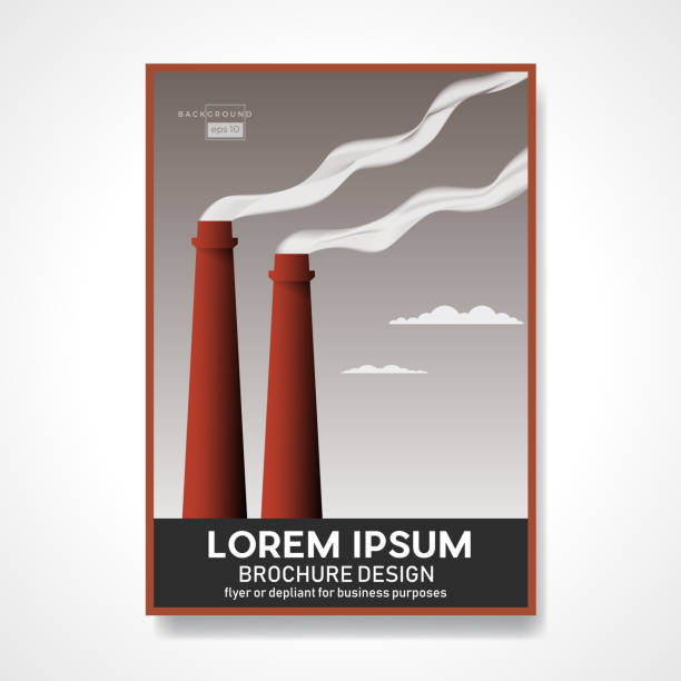 Smokestacks of a factory with smoke polluting the environment. Metaphysical background. Retro vector illustration. Abstract design template for brochures, flyers, magazine, business card, book covers, poster.