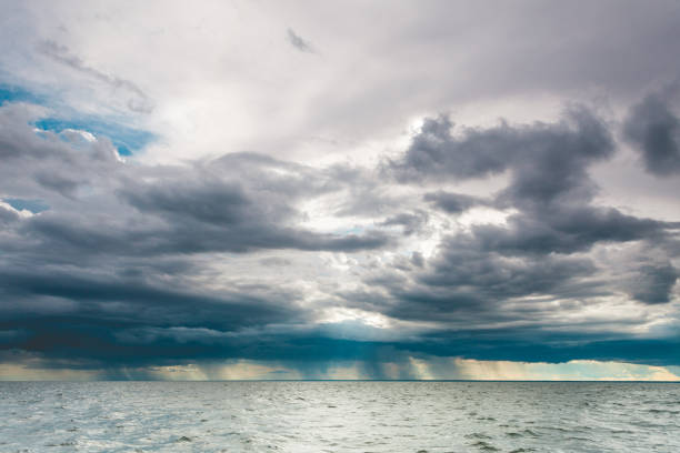 Stormy seascape sea horizon and sky. Natural composition of nature. Landscape. View from ship boat.