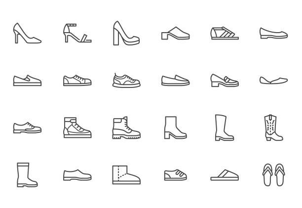 ilustrações de stock, clip art, desenhos animados e ícones de shoe line icon set. high heels sandal, cowboy boots, hiking footwear, sneakers, slipper minimal vector illustrations. simple outline signs for fashion application. pixel perfect. editable stroke - dress shoe