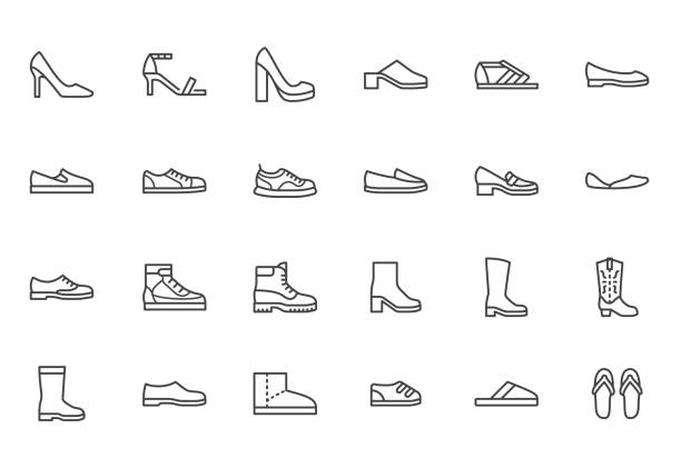 Shoe line icon set. High heels sandal, cowboy boots, hiking footwear, sneakers, slipper minimal vector illustrations. Simple outline signs for fashion application. Pixel Perfect. Editable Stroke Shoe line icon set. High heels sandal, cowboy boots, hiking footwear, sneakers, slipper minimal vector illustrations. Simple outline signs for fashion application. Pixel Perfect. Editable Stroke. shoes stock illustrations