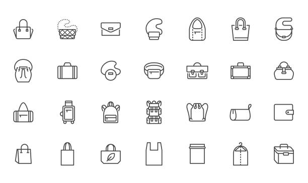 illustrazioni stock, clip art, cartoni animati e icone di tendenza di set di icone della linea borse. tipi di borsa - borsa, valigetta, marsupio, shopper, bagagli, sacchetto di plastica illustrazioni vettoriali minime. semplici segni di contorno per l'app di moda. pixel perfect. tratti modificabili - borsa monospalla