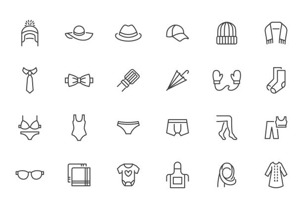 Clothing accessory line icon set. Bow tie, handkerchief, woman hat, sunglasses, umbrella, hijab minimal vector illustrations. Simple outline signs for fashion app. Pixel Perfect. Editable Stroke Clothing accessory line icon set. Bow tie, handkerchief, woman hat, sunglasses, umbrella, hijab minimal vector illustrations. Simple outline signs for fashion app. Pixel Perfect. Editable Stroke. religious dress stock illustrations