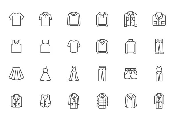 kleidung linie symbol-set. kleid, polo t-shirt, jeans, wintermantel, jacke hose, rock minimal vektor illustrationen. einfache gliederungszeichen für modeanwendung. pixel perfekt. bearbeitbare striche - sweatshirts stock-grafiken, -clipart, -cartoons und -symbole