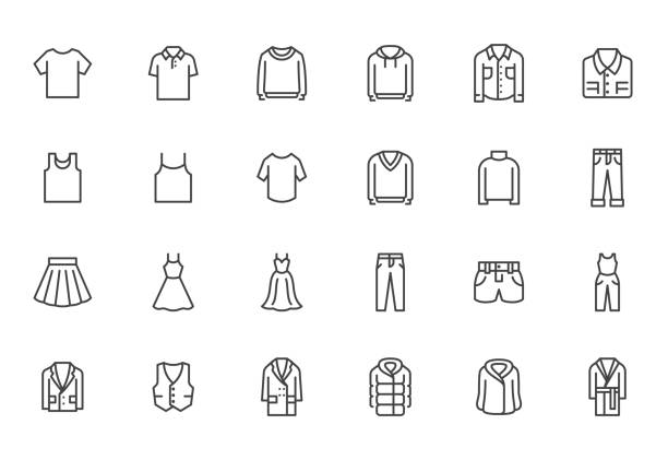 Clothing line icon set. Dress, polo t-shirt, jeans, winter coat, jacket pants, skirt minimal vector illustrations. Simple outline signs for fashion application. Pixel Perfect. Editable Strokes Clothing line icon set. Dress, polo t-shirt, jeans, winter coat, jacket pants, skirt minimal vector illustrations. Simple outline signs for fashion application. Pixel Perfect. Editable Strokes. coat stock illustrations