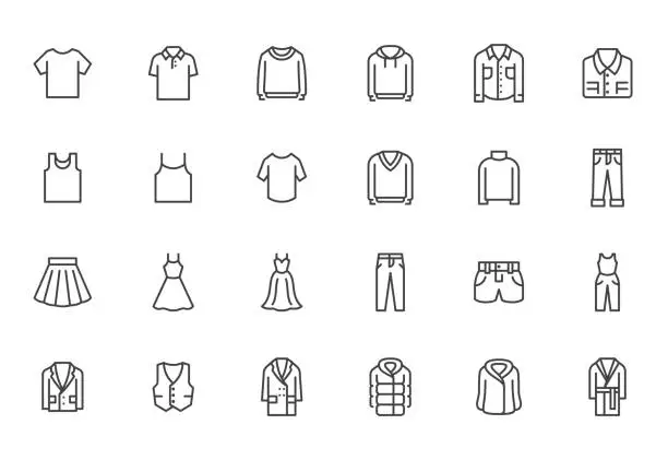 Vector illustration of Clothing line icon set. Dress, polo t-shirt, jeans, winter coat, jacket pants, skirt minimal vector illustrations. Simple outline signs for fashion application. Pixel Perfect. Editable Strokes