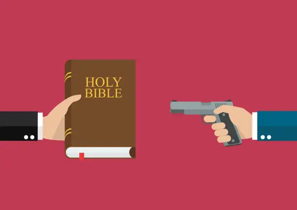 Vector illustration of Man hold holy bible and other man hold gun
