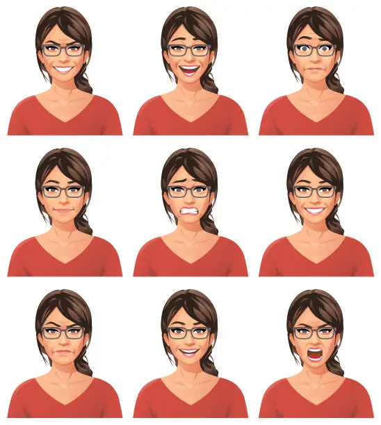 Vector illustration of Young Woman With Glasses Portrait- Emotions