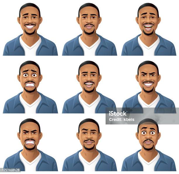 Ritratto Di Giovane Afroamericano Emozioni - Immagini vettoriali stock e altre immagini di Uomini - Uomini, Viso, Fumetto - Creazione artistica