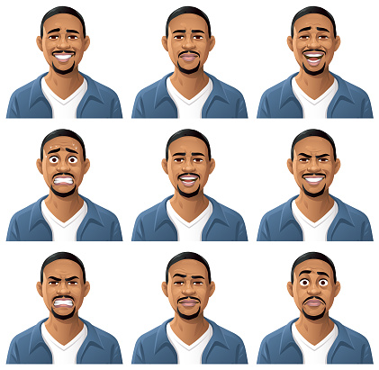 Vector illustration of a young bearded african oder african american man, wearing a blue jacket, with nine different facial expressions: smiling, neutral, laughing, anxious, talking, mean/ smirking, angry, sceptic/cool,  stunned/surprised. Portraits perfectly match each other and can be easily used for facial animation by putting them in layers on top of each other.