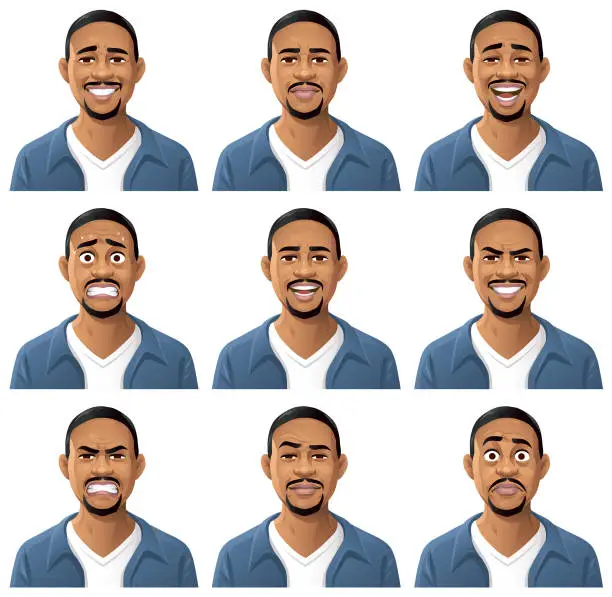 Vector illustration of Young African American Man Portrait- Emotions