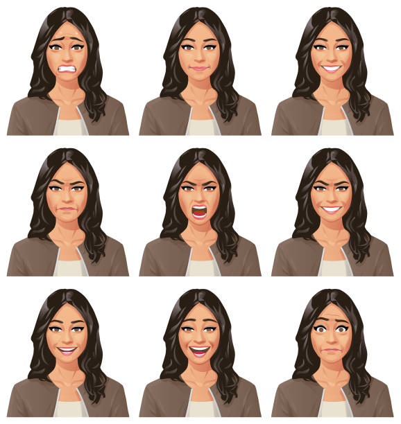 Vector illustration of a young woman with glasses with nine different facial expressions: anxious, neutral, smiling, angry, furious/shouting, mean/smirking, talking, laughing, stunned/surprised. Portraits perfectly match each other and can be easily used for facial animation by putting them in layers on top of each other.