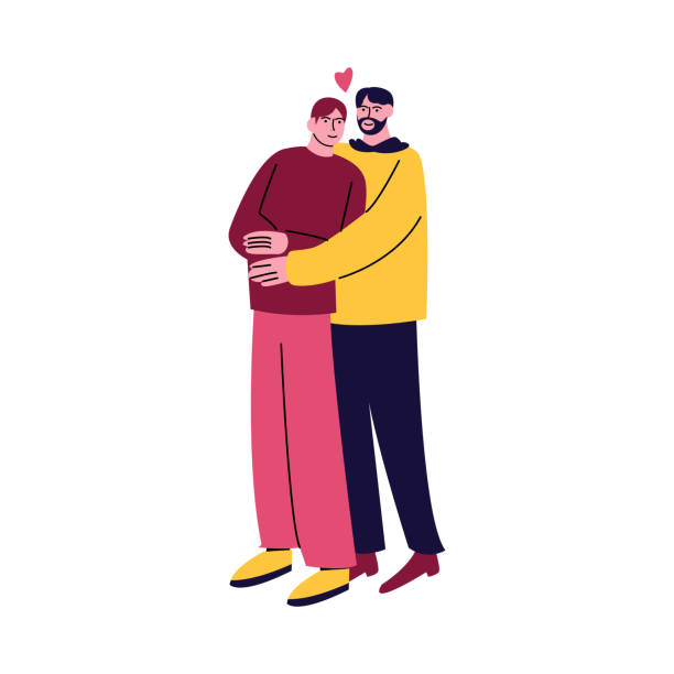 szczęśliwa para gejów mężczyzn stojących w swobodnych ubraniach i przytulających się. ilustracja wektorowa w stylu kreskówki. - homosexual couple illustrations stock illustrations