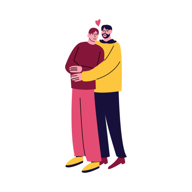 ilustrações, clipart, desenhos animados e ícones de um casal gay feliz de homens em pé em roupas casuais e abraços. ilustração vetorial em estilo desenho animado. - homosexual couple illustrations