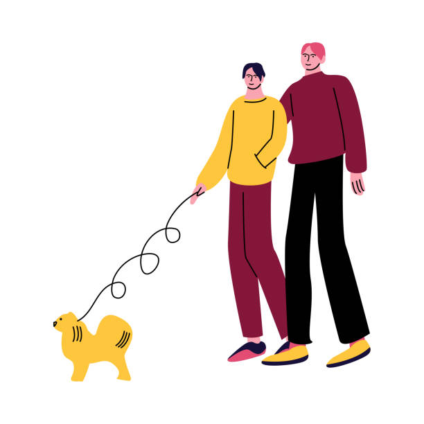 ilustrações, clipart, desenhos animados e ícones de um casal gay feliz de homens com roupas casuais andando de cachorro e abraçando. ilustração vetorial em estilo desenho animado. - homosexual couple illustrations