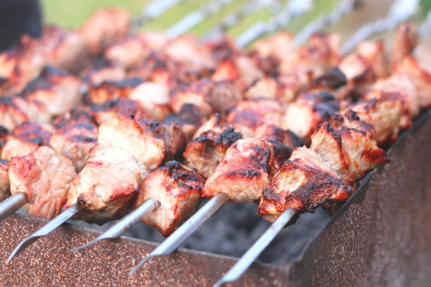 istock Cooking meat on skewers in barbecue 1251468752