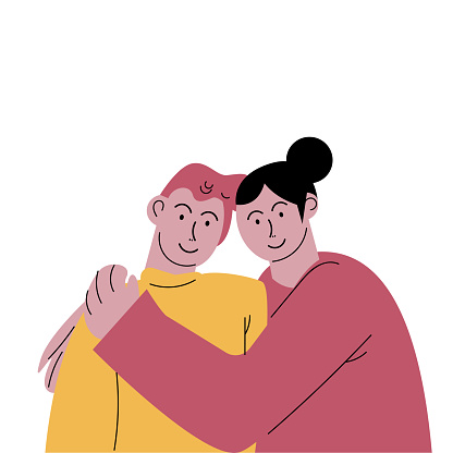 Cute happy smiling couple red-haired man and black-haired woman in casual clothes hugging. Romantic date concept. Happy Hug Day. Isolated vector icon illustration on white background in cartoon style.