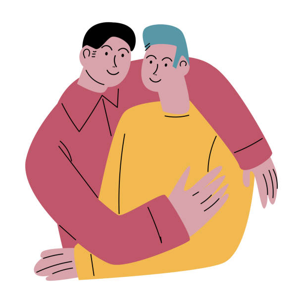 ilustrações de stock, clip art, desenhos animados e ícones de two happy smiling best friends standing and hugging. vector illustration in flat cartoon style. - gay