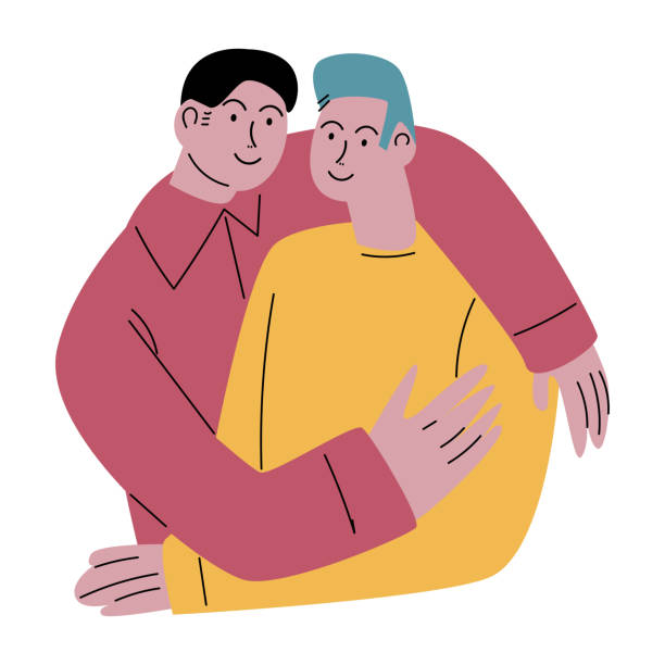 Two happy smiling best friends standing and hugging. Vector illustration in flat cartoon style. Happy smiling couple black-haired man in red t-shirt hugging a blue-haired male friend. Best friends concept. Happy Hug Day. Isolated vector icon illustration on white background in cartoon style. man gay stock illustrations