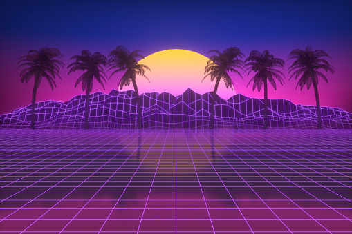 80s Retro Sci-Fi Futuristic Landscape Background, low poly modeling. Palm Trees.