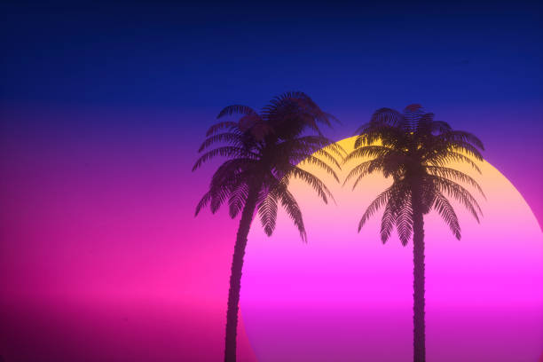 istock Retro futuristic sun with palm trees, 80s abstract background 1251469944