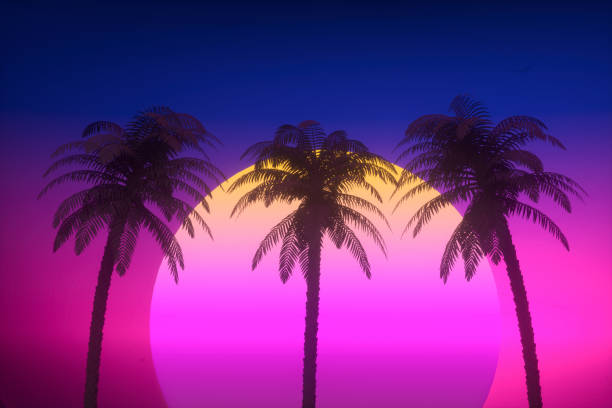 istock Retro futuristic sun with palm trees, 80s abstract background 1251470038