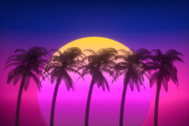 istock Retro futuristic sun with palm trees, 80s abstract background 1251470074
