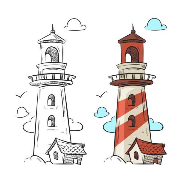 Hand drawn lighthouse vector Hand drawn lighthouse vector. Marine coloring page with colorful sample illustration lighthouse drawings stock illustrations