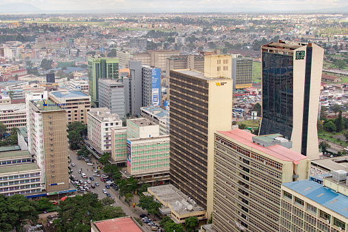 Nairobi, Kenya - 04/28/2018: High angle view on the headquarters of the  Co-operative Bank Kenya, the National Bank, Kenya Power, business district skyline.