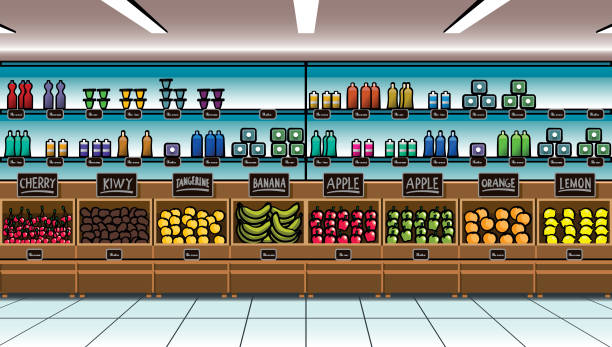 ilustraciones, imágenes clip art, dibujos animados e iconos de stock de fondo del supermercado. los estantes de las tiendas de comestibles están llenos de productos a la venta. variedad de fruta en el supermercado. ilustración vectorial. - shopping mall supermarket store sign