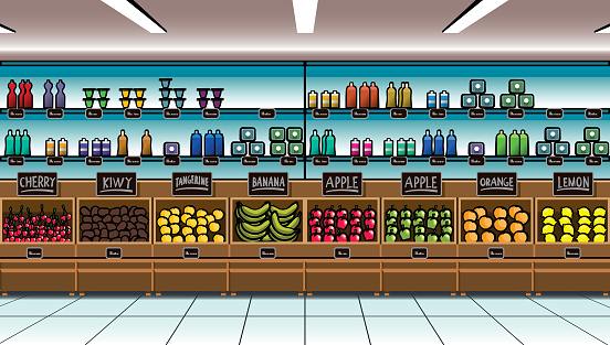 Supermarket Background Grocery Store Shelves Are Full Of Products For Sale  Variety Of Fruit In The Supermarket Vector Illustration Stock Illustration  - Download Image Now - iStock