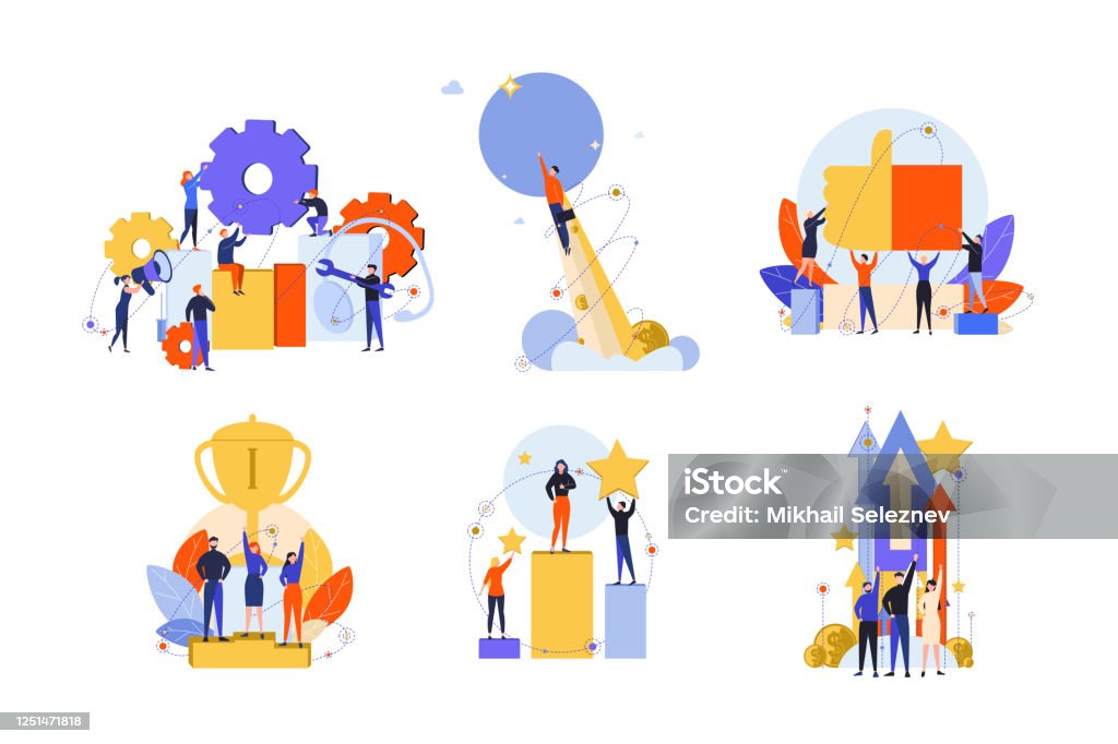 Excellence, success, motivation, achievement, satisfaction, win, innovation set concept Excellence, success, motivation, achievement, success, win, innovation set concept. Business people businessmen women managers with like, approval. Exellence motivation or goal achievement. Teamwork stock vector