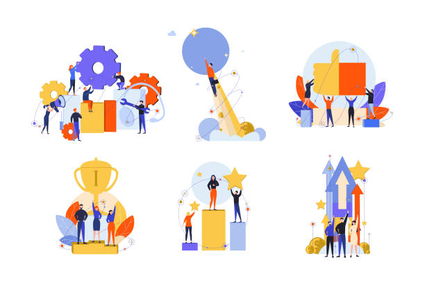 Excellence, success, motivation, achievement, satisfaction, win, innovation set concept Excellence, success, motivation, achievement, success, win, innovation set concept. Business people businessmen women managers with like, approval. Exellence motivation or goal achievement. goals stock illustrations