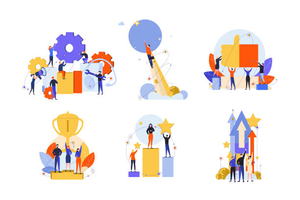 Excellence, success, motivation, achievement, satisfaction, win, innovation set concept Excellence, success, motivation, achievement, success, win, innovation set concept. Business people businessmen women managers with like, approval. Exellence motivation or goal achievement. achievement stock illustrations